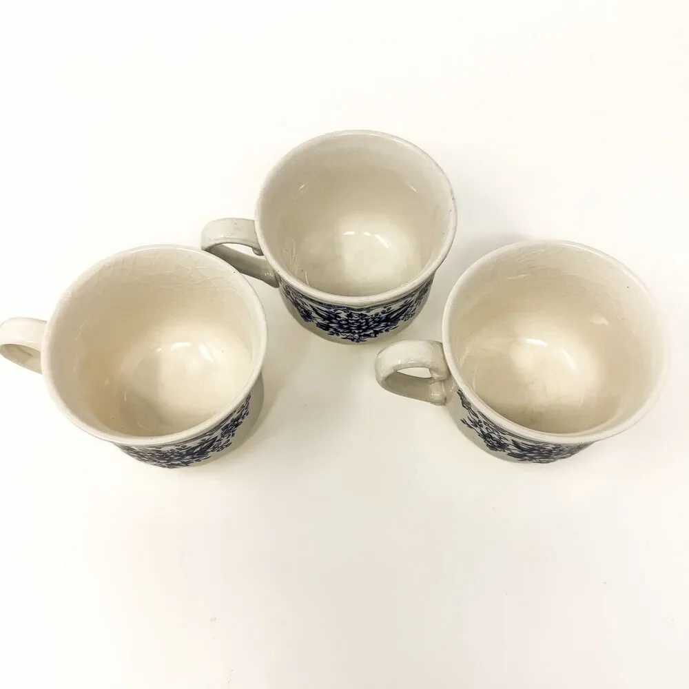 Blue Carnation Ironstone Cups & Saucers Set 3 Japan Blue White Vintage Floral